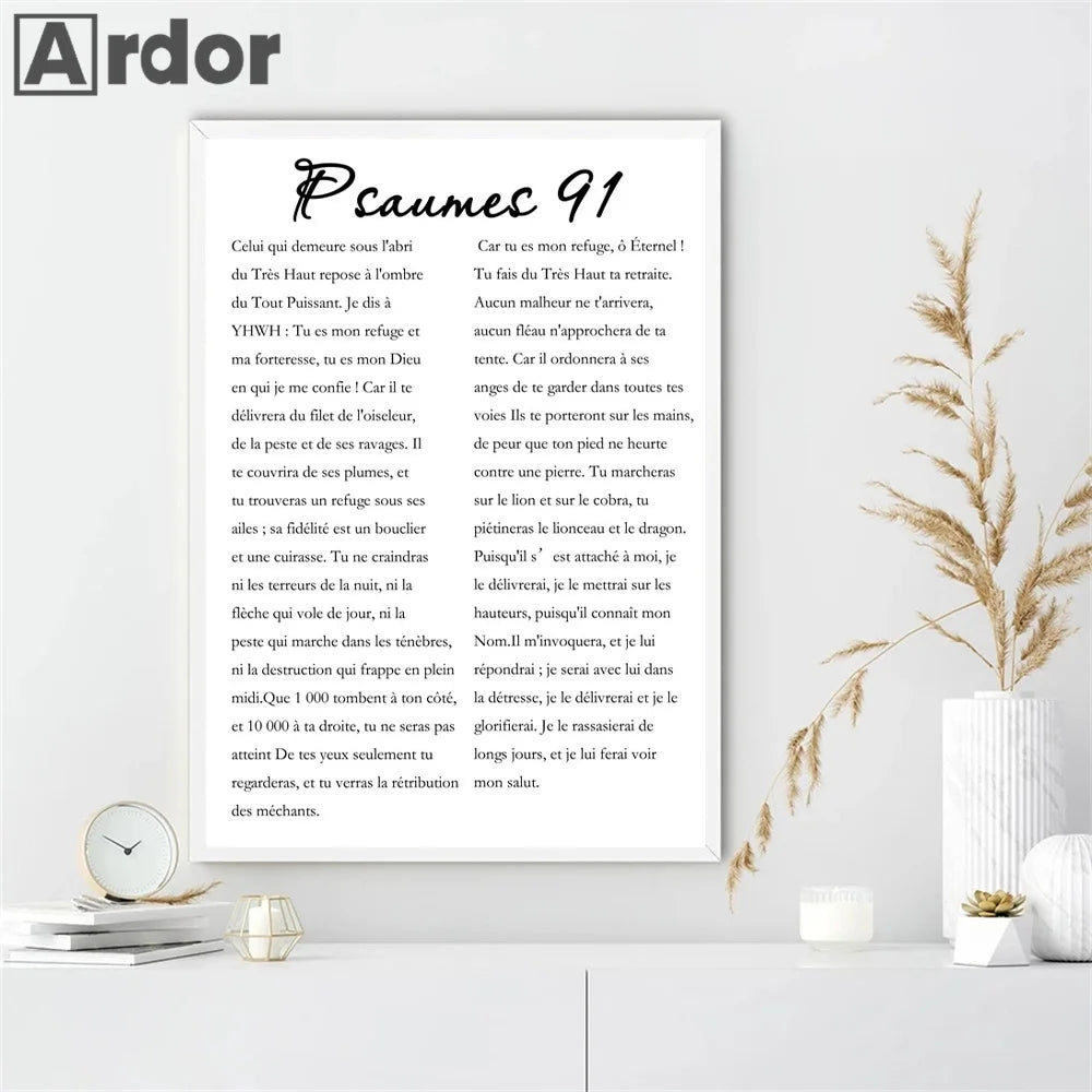 A canvas print featuring Psalm 91 scripture text on a white background