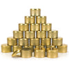 A pyramid stack of brass or gold metal candle tins with lids.