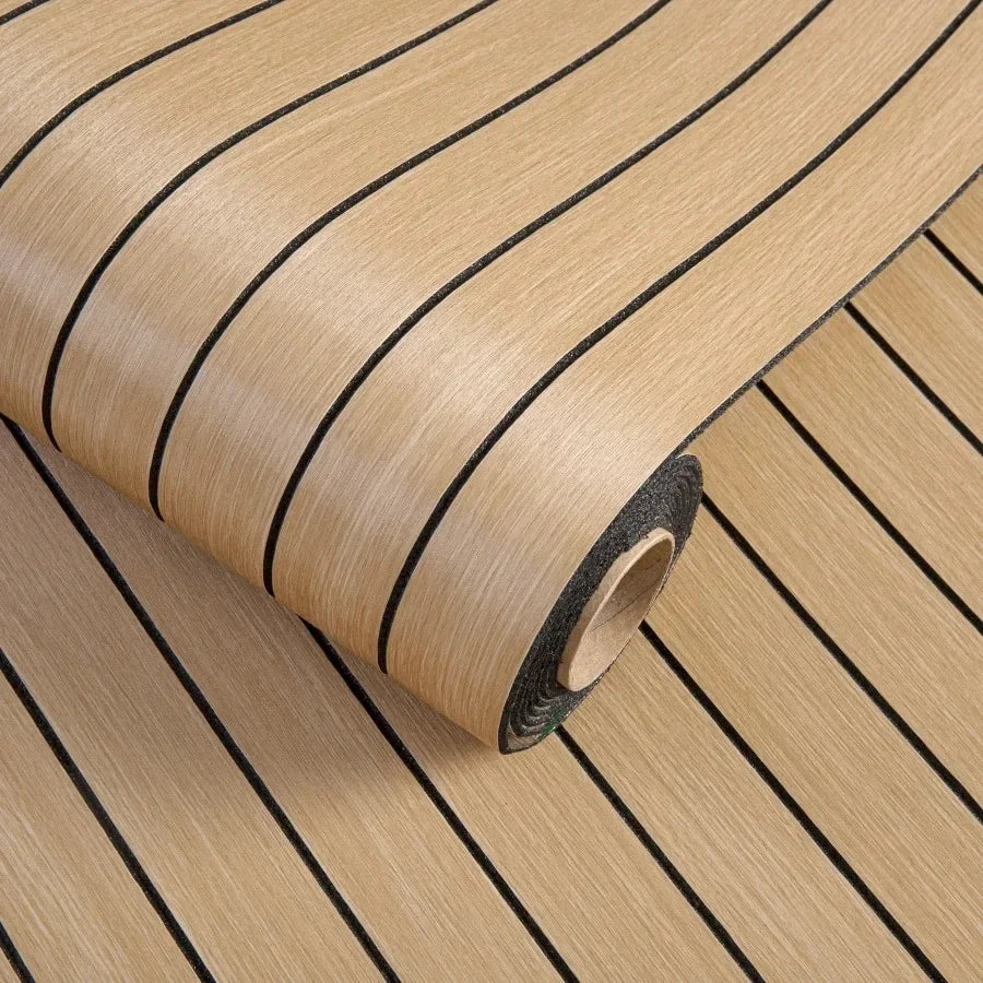 Roll of self-adhesive 3D wood grain wall panels showing the textured surface and edge.