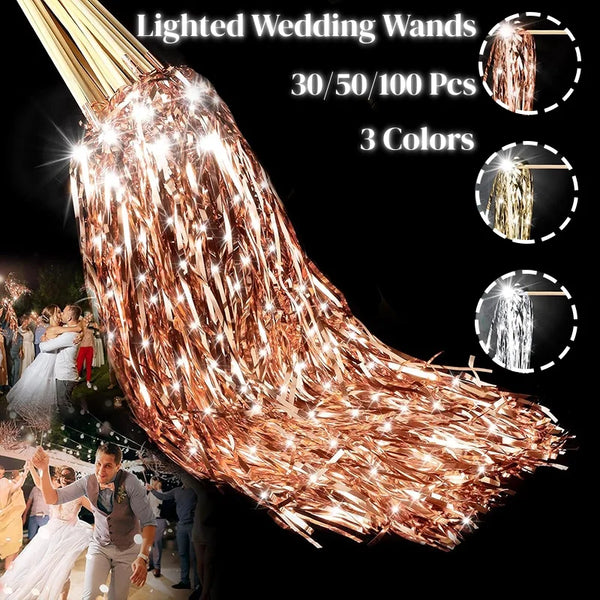 A close-up of lighted wedding wands with LED glow, showing various colors and quantities.