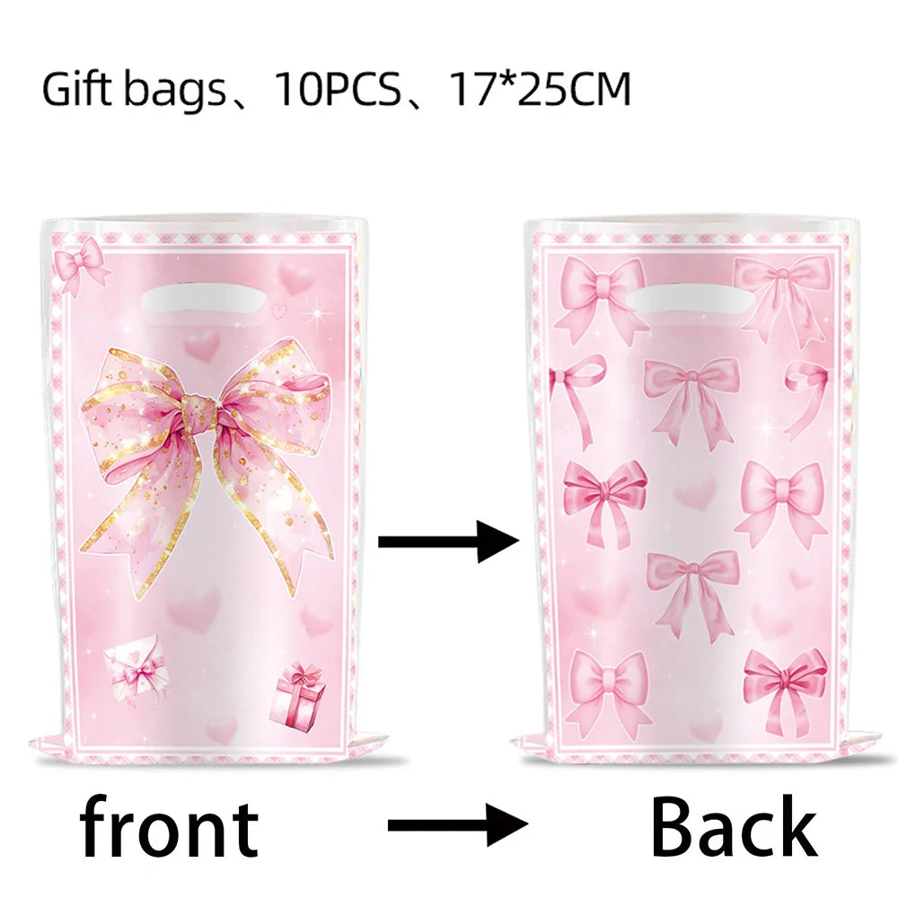 Front and back views of a set of 10 pink bow gift bags for party favors