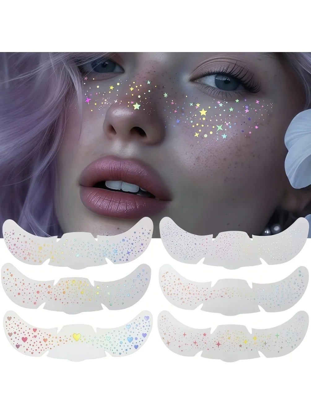 Set of holographic glitter heart temporary tattoos applied to a model's face.