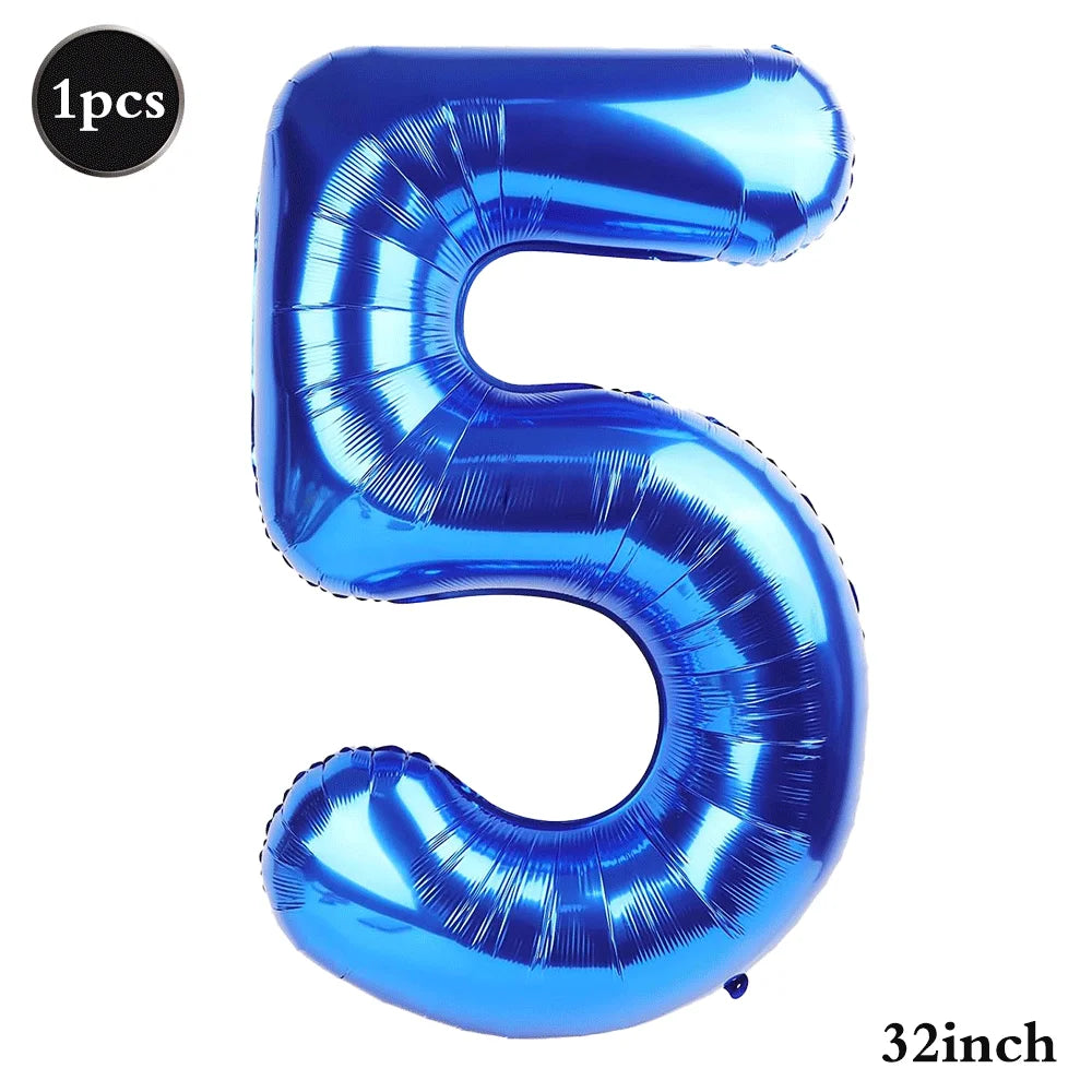 A shiny blue foil balloon shaped like the number 5, measuring 32 inches.