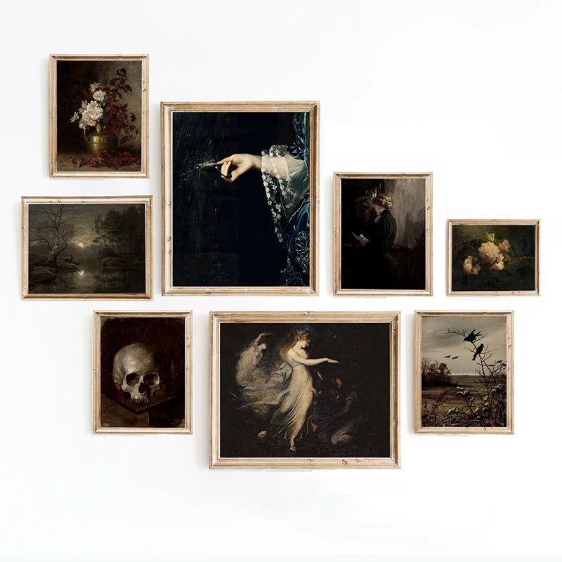 A collection of nine framed dark academia vintage canvas prints featuring moody Victorian and classical subjects.