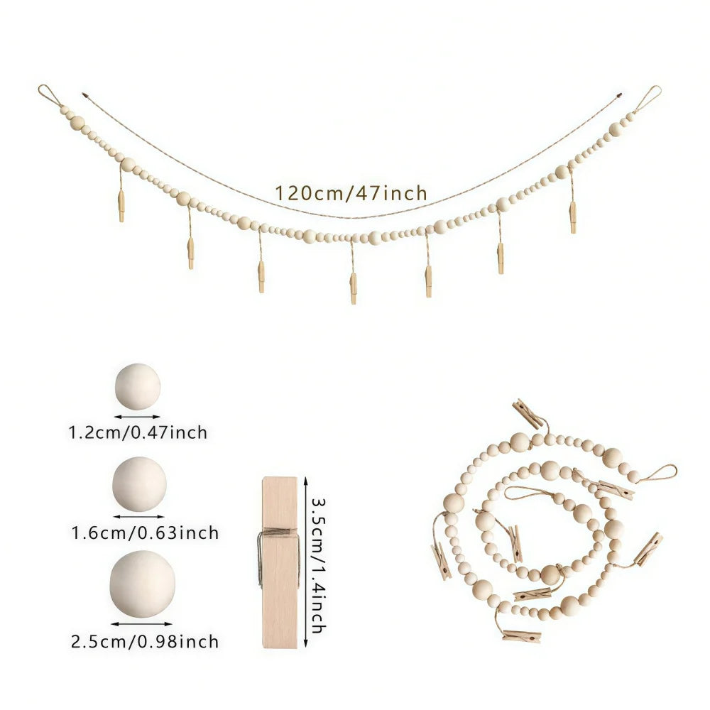 Beaded photo display garland featuring small round beads and wooden clips for hanging