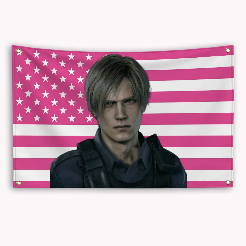 A portrait of a man wearing a dark shirt set against a pink and white striped American flag banner.