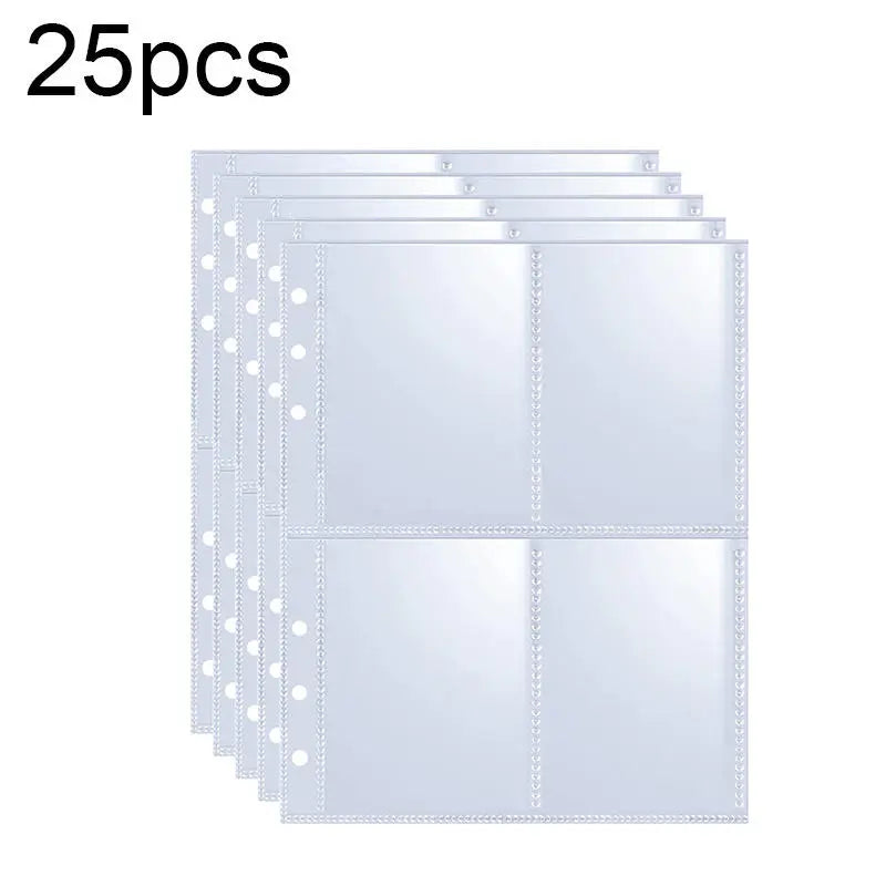 A set of 25 clear plastic photo card binders or sleeves.