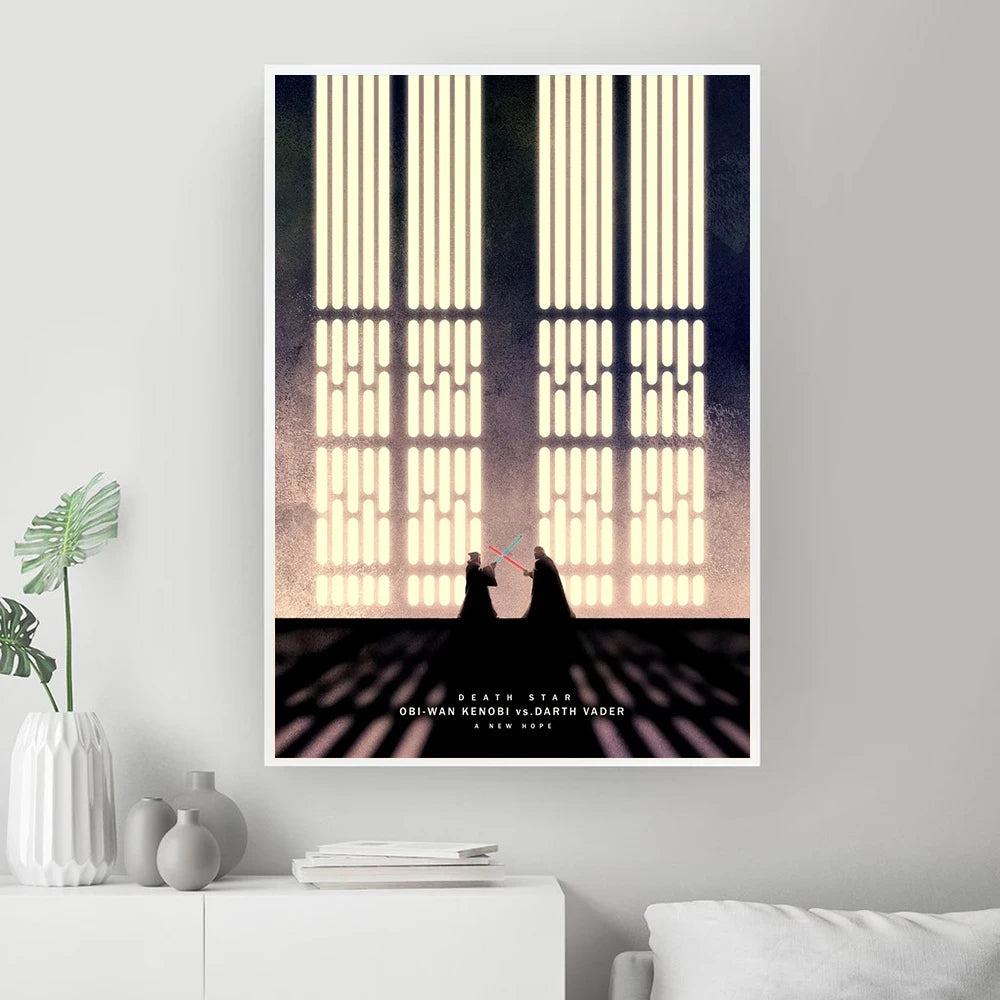 Arte de pared con la silueta de Darth Vader y Obi-Wan Kenobi contra un fondo brillante y cuadriculado.