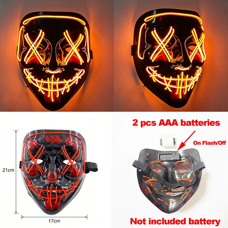 A pair of glow-in-the-dark LED purge masks displayed in close-up and full view, showing facial designs and battery informatio