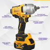 مفتاح ربط صدمي لاسلكي DEWALT DCF900 أصفر وأسود بهيكل وبطارية فضية.