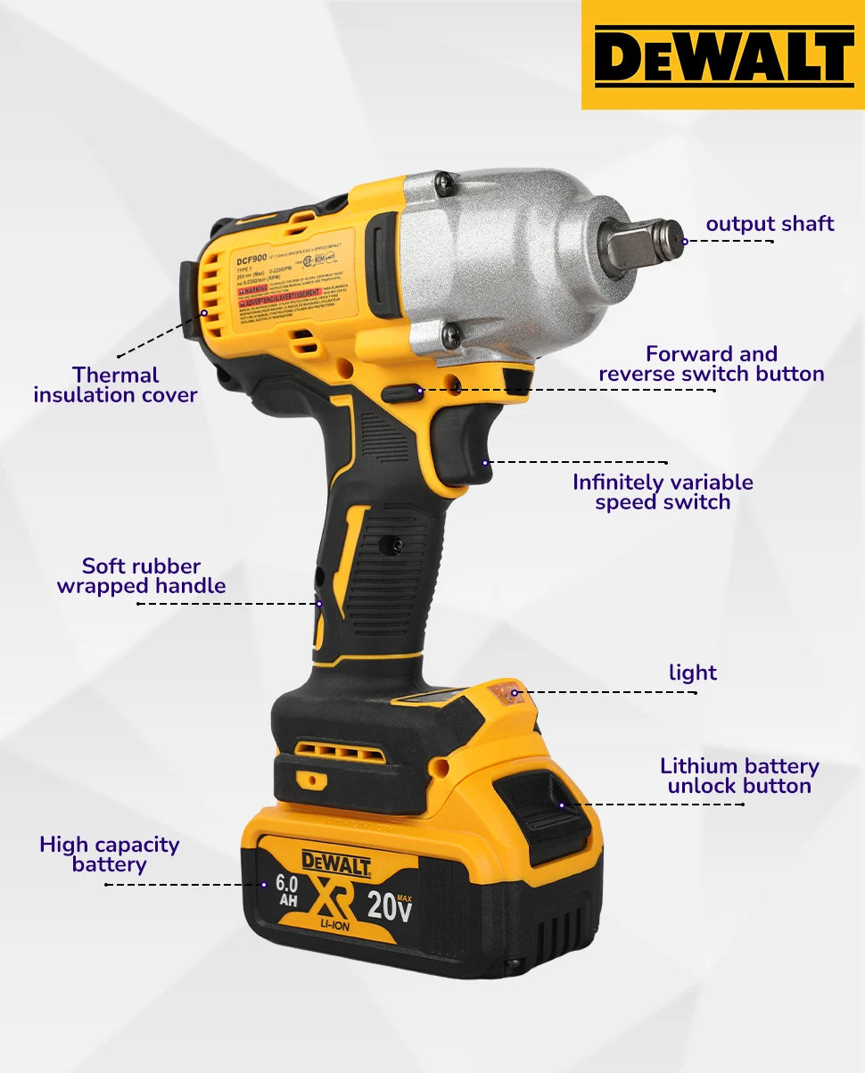 مفتاح ربط صدمي لاسلكي DEWALT DCF900 أصفر وأسود بهيكل وبطارية فضية.