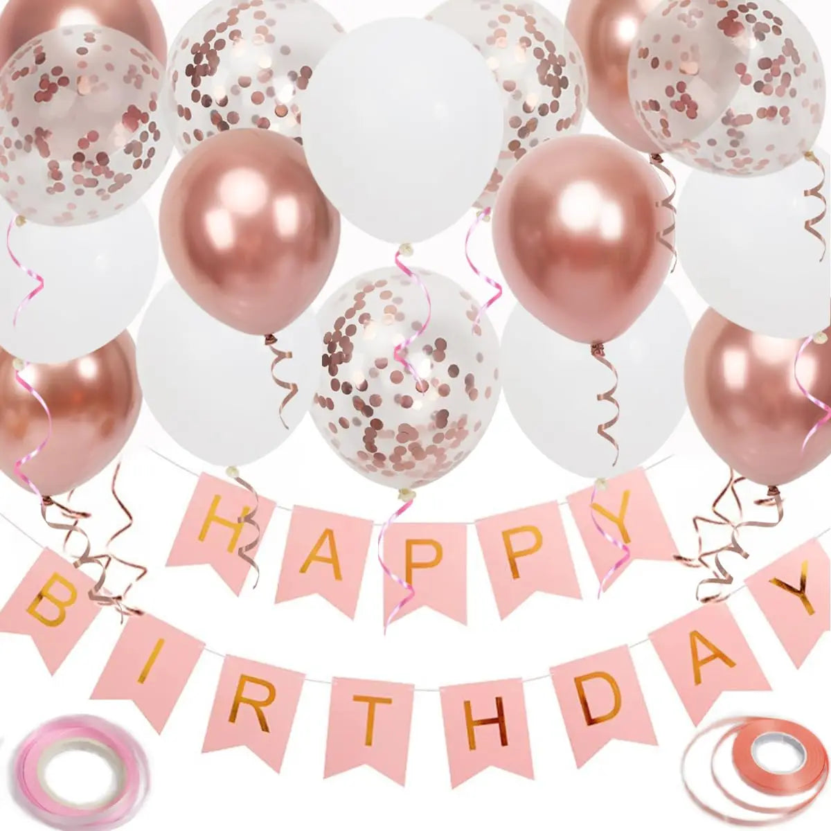 A set of black and gold birthday party decorations including balloons and banner flags