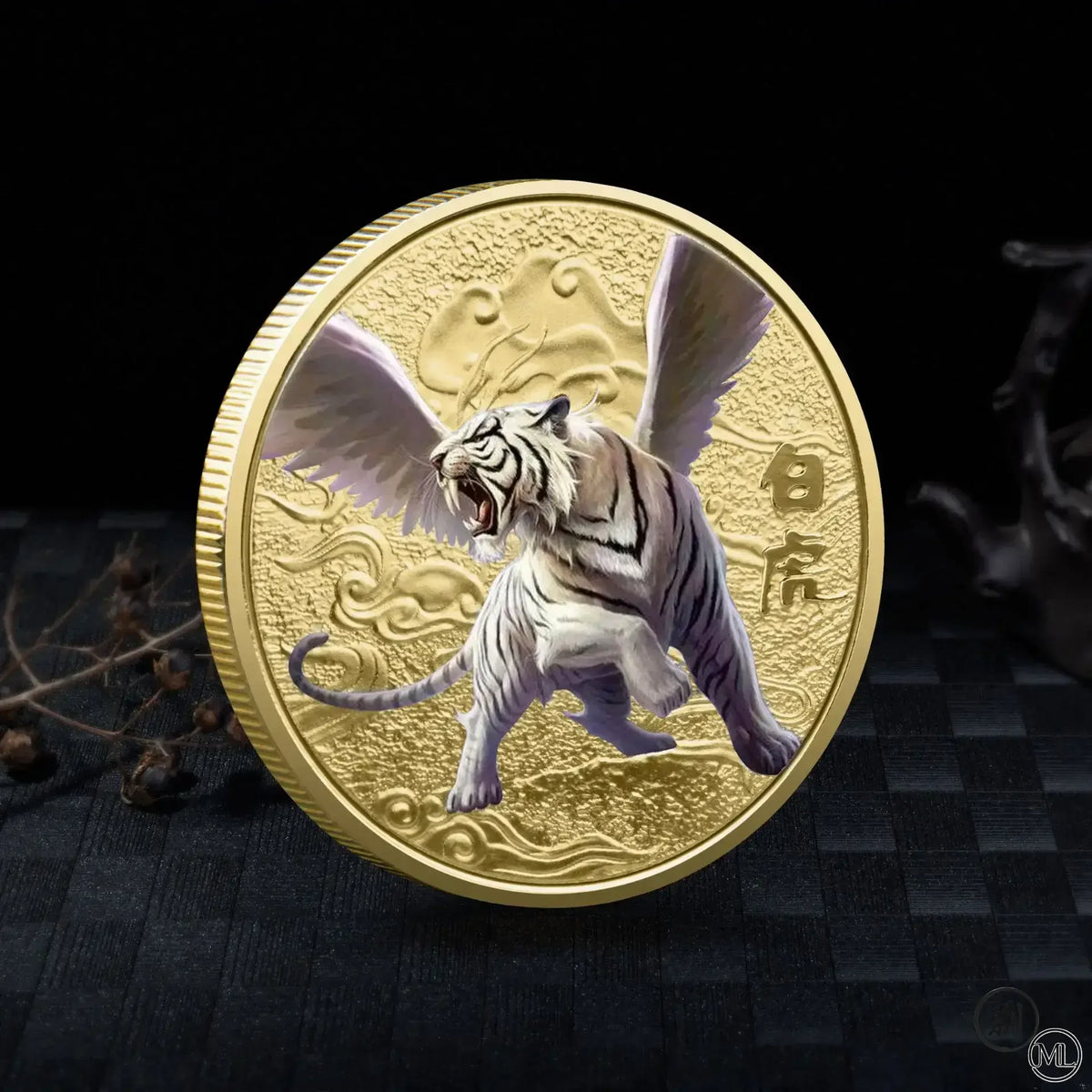 A gold collectible coin featuring a fierce tiger with large wings in a dynamic pose against a dark background.