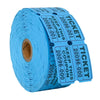 A roll of blue tearable raffle tickets with text printed on them.