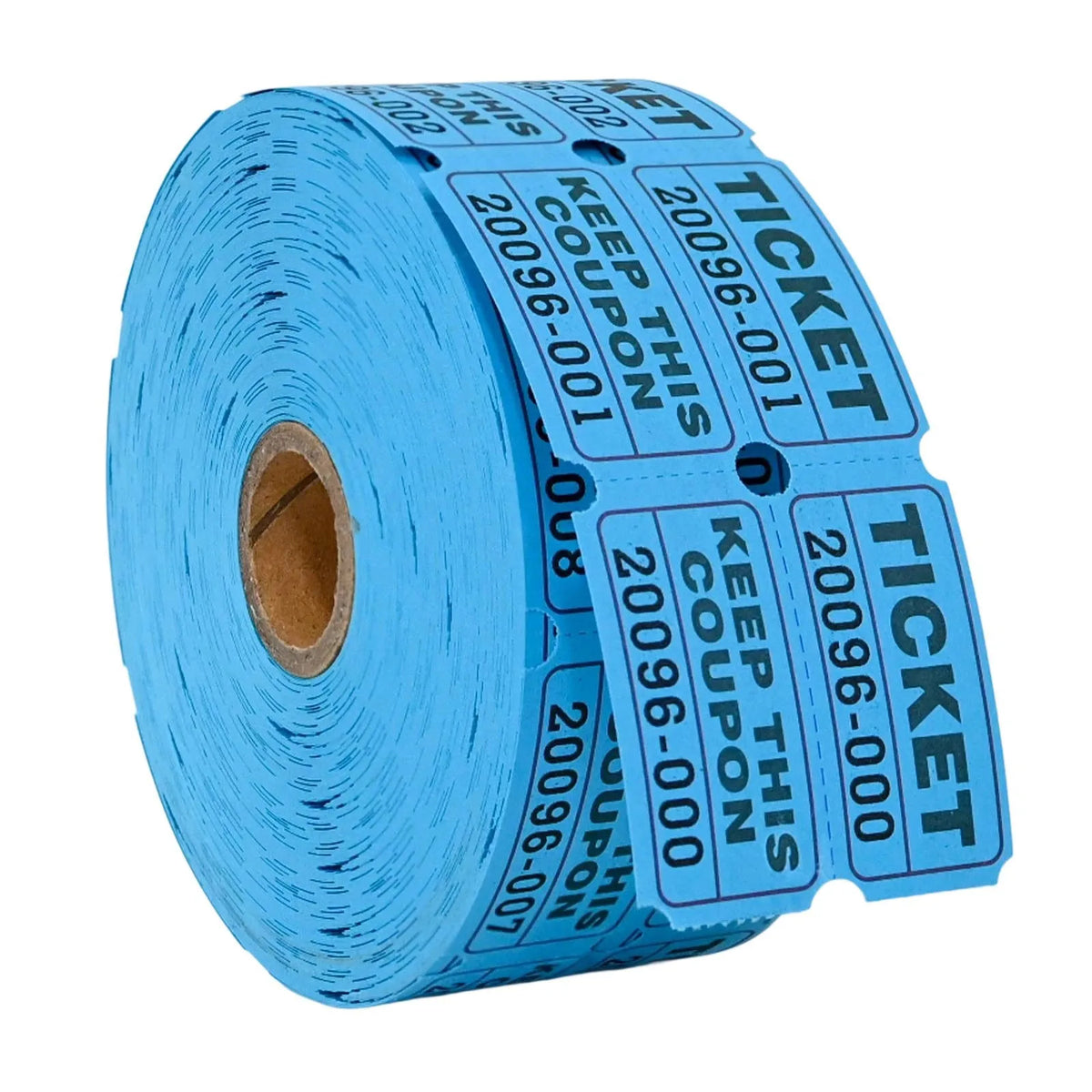 A roll of blue tearable raffle tickets with text printed on them.