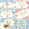 A collage of faith-themed photography backdrops featuring crosses, doves, and baby figures for baptism and communion celebrat