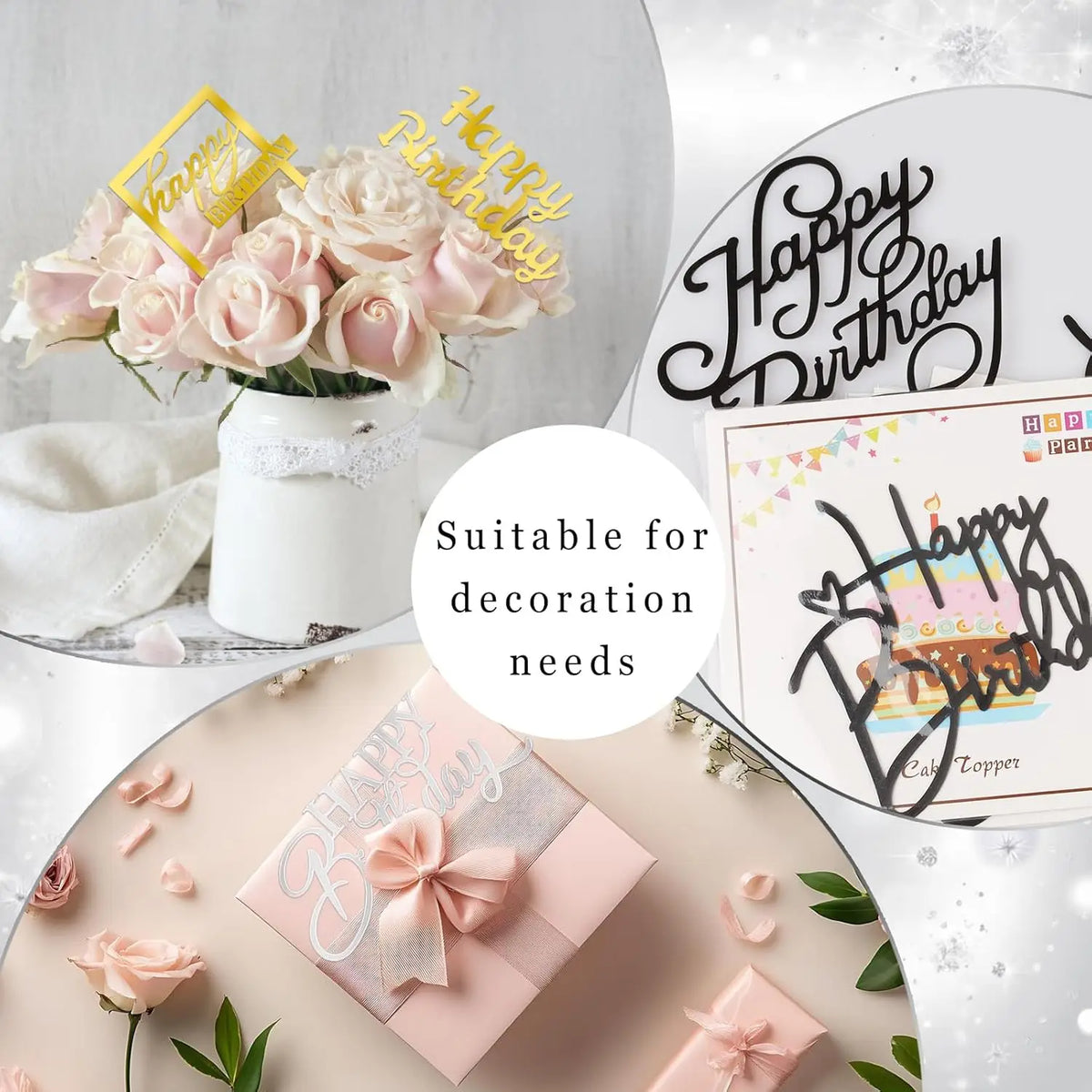 Gold acrylic cake toppers and pink roses used for birthday decoration