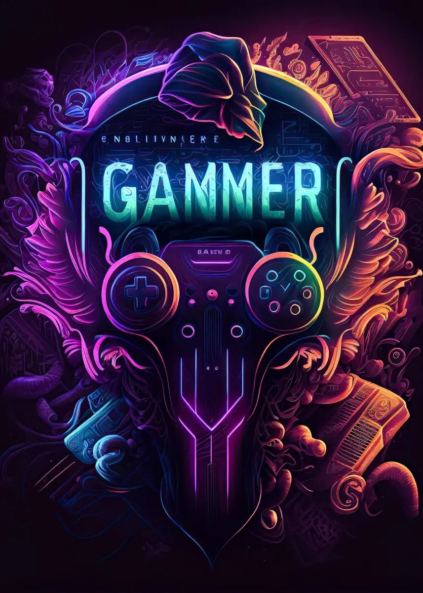 A vibrant, neon purple and cyan illustration of the word GAMMER with stylized gaming controller elements.