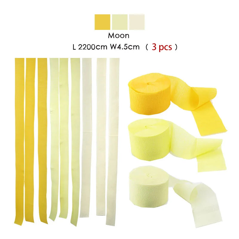 Set gelber und weißer Mond-Strang aus Crêpepapier, 2200 cm lang und 4,5 cm breit.