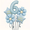 A set of light blue foil balloons shaped like the number six and flowers for a birthday celebration