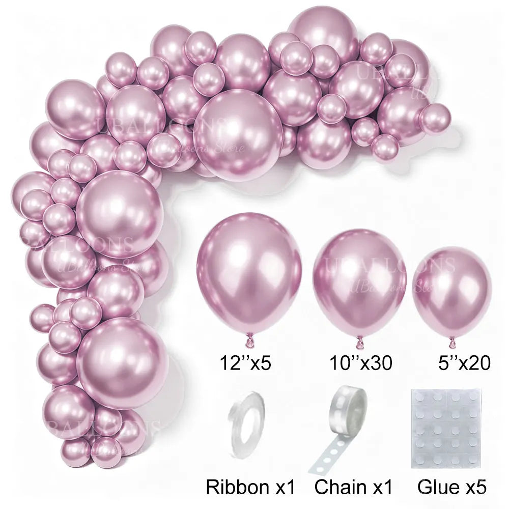 A pink latex balloon garland kit featuring balloons, ribbon, chain, and glue for party decoration.