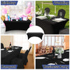 Various black stretch fitted spandex table covers used for birthday, wedding, banquet, and business party events