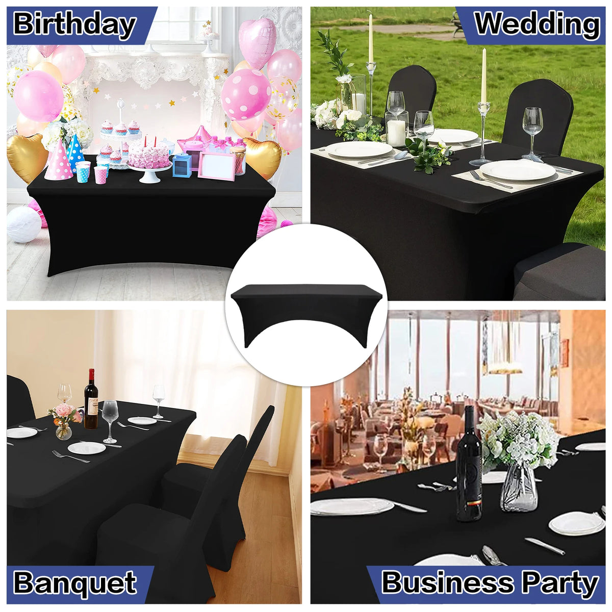 Various black stretch fitted spandex table covers used for birthday, wedding, banquet, and business party events