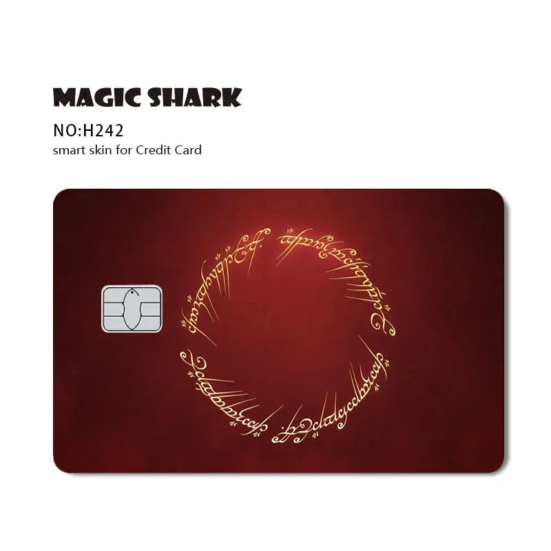 A dark red credit card skin featuring intricate gold script designs and a white chip.