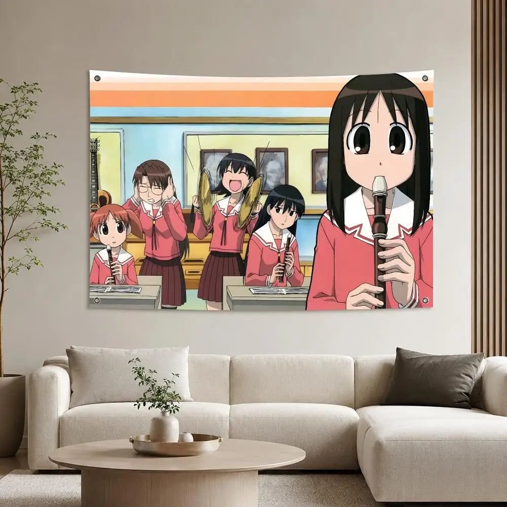 A vibrant anime wall tapestry featuring characters from Azumanga Daioh in a classroom setting.