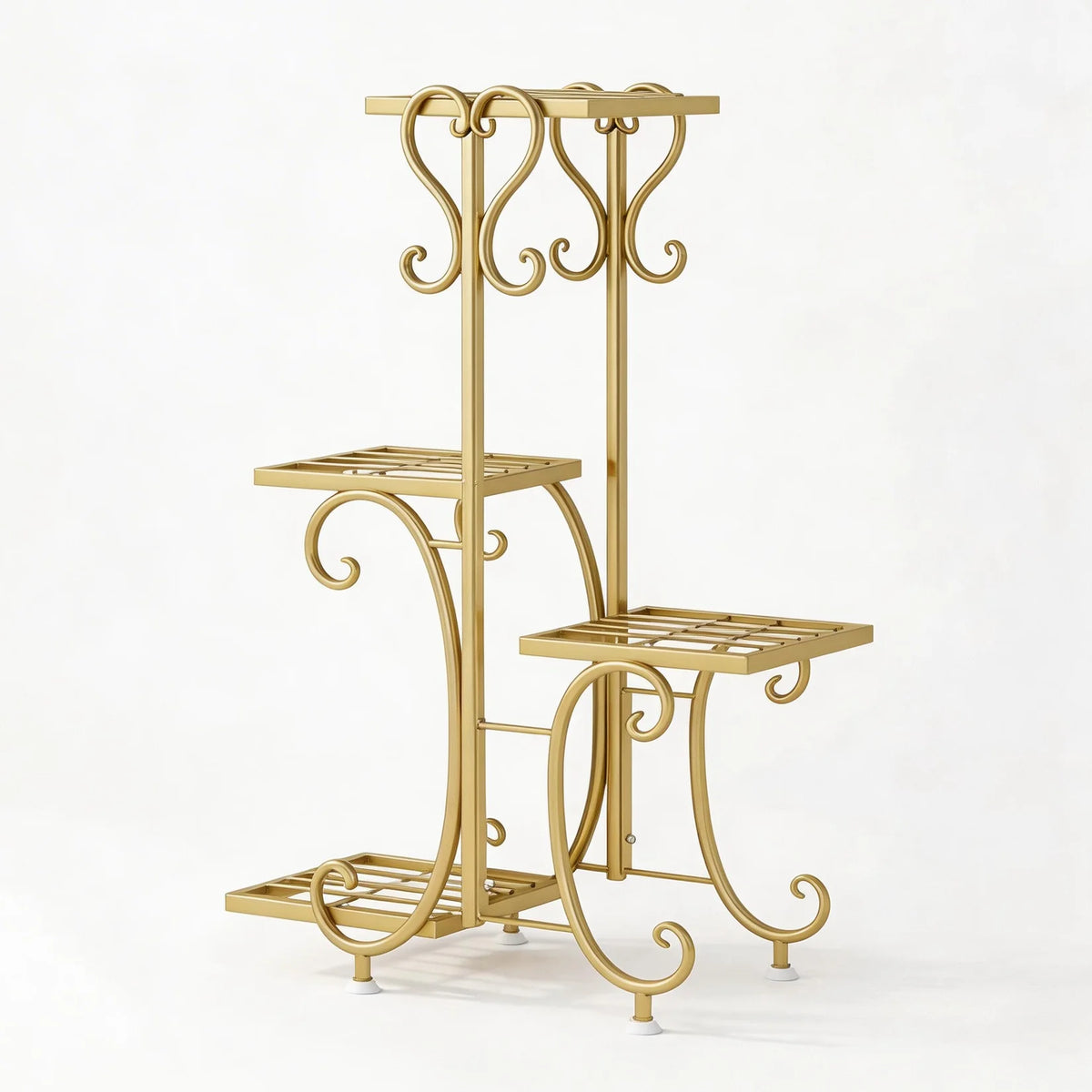 A gold-colored metal corner plant stand with four tiers for indoor and outdoor use.