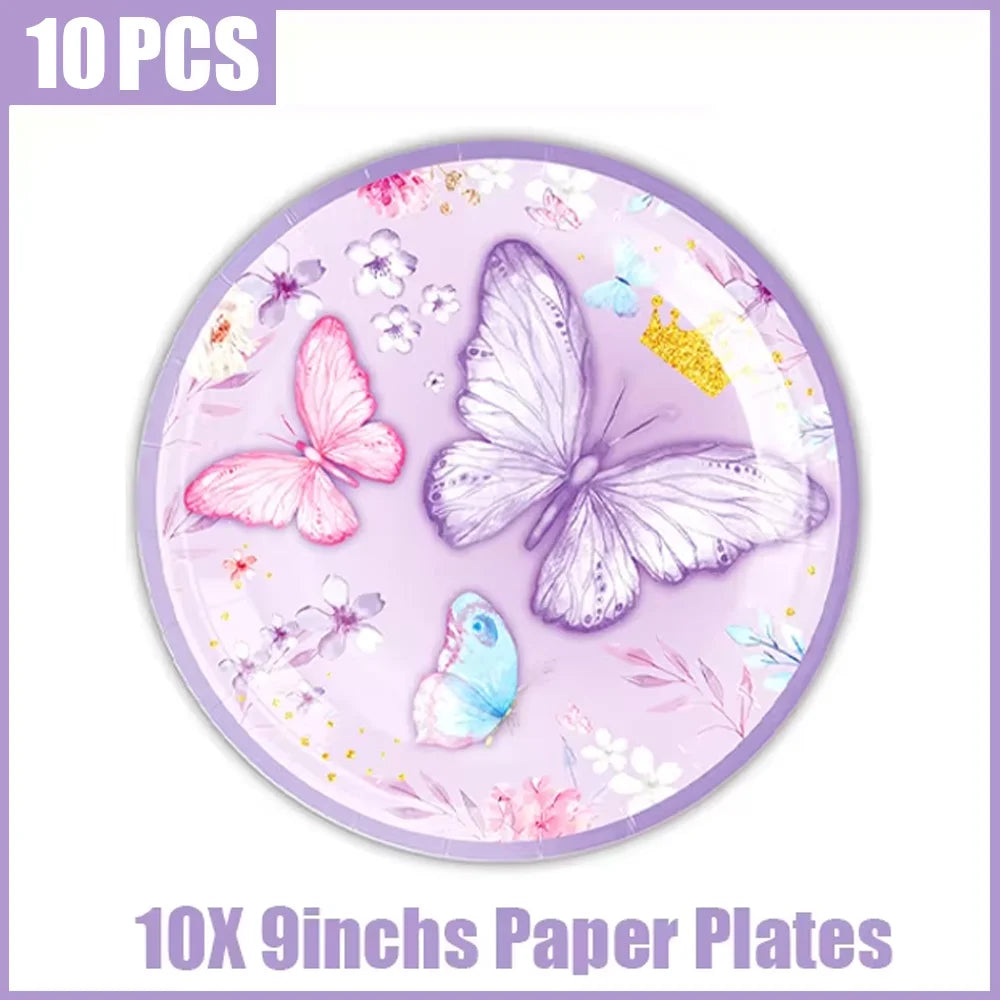 A set of ten 9-inch paper plates featuring a butterfly theme with pink and purple floral designs.