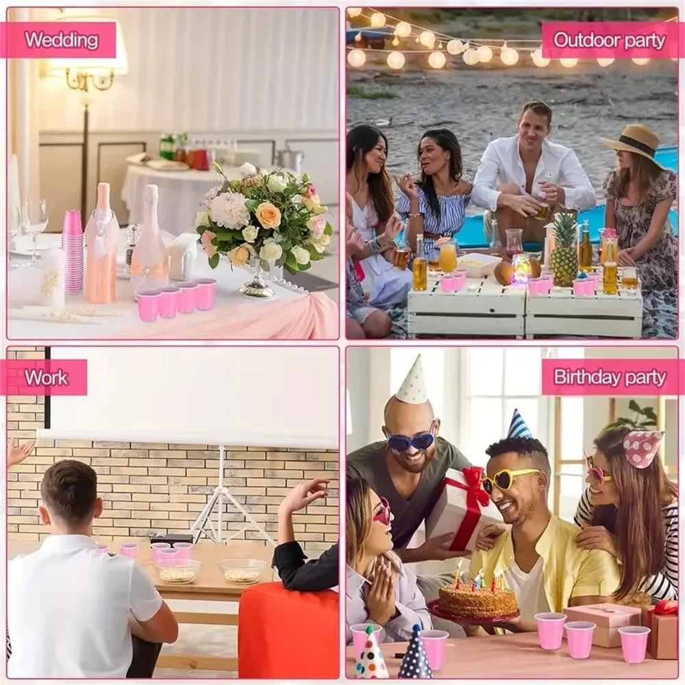 A collage showing various uses of mini plastic shot cups for parties and events, including weddings, outdoor parties, work se