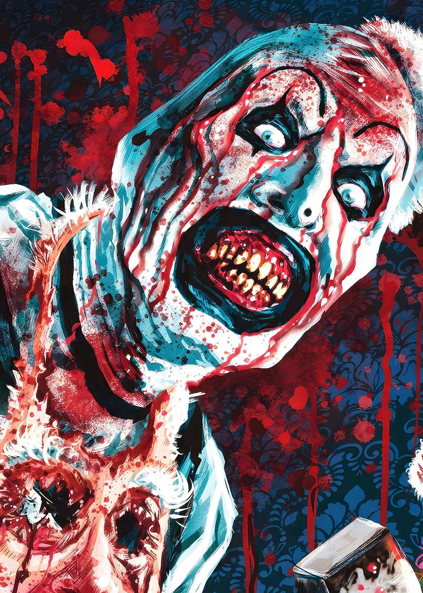 A dramatic, bloody painting of a face with wide eyes and open mouth, rendered in red, blue, and white tones.
