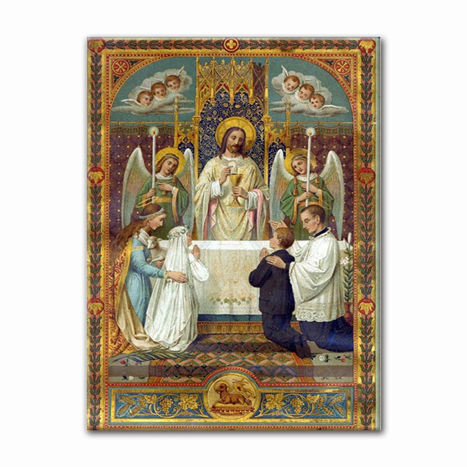 Peinture religieuse représentant la Dernière Cène avec Jésus et ses disciples.