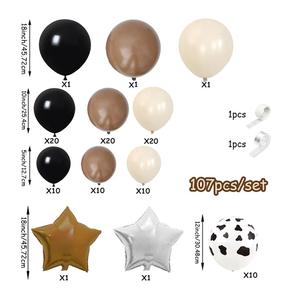 A set of 107 balloons in various colors and shapes including black, brown, and white, suitable for a Western farm theme ballo