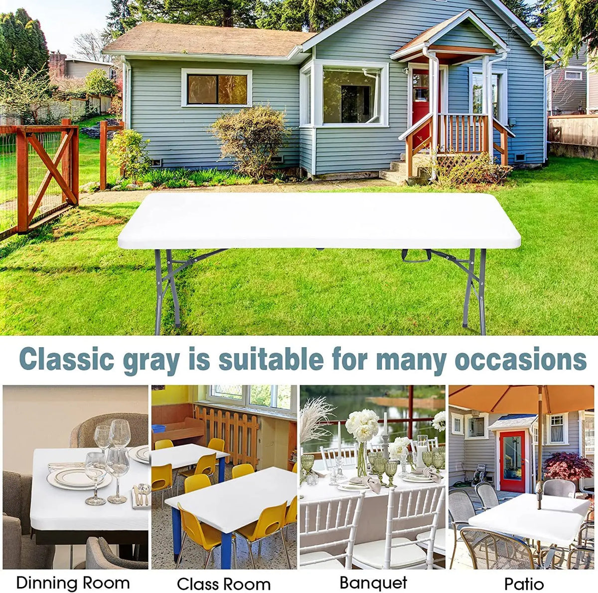A classic gray outdoor table is set up on a lawn, suitable for various occasions.