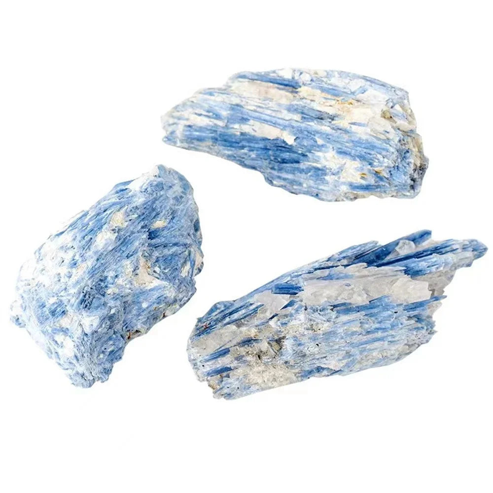 A cluster of light blue natural kyanite crystal stones showing striated texture.