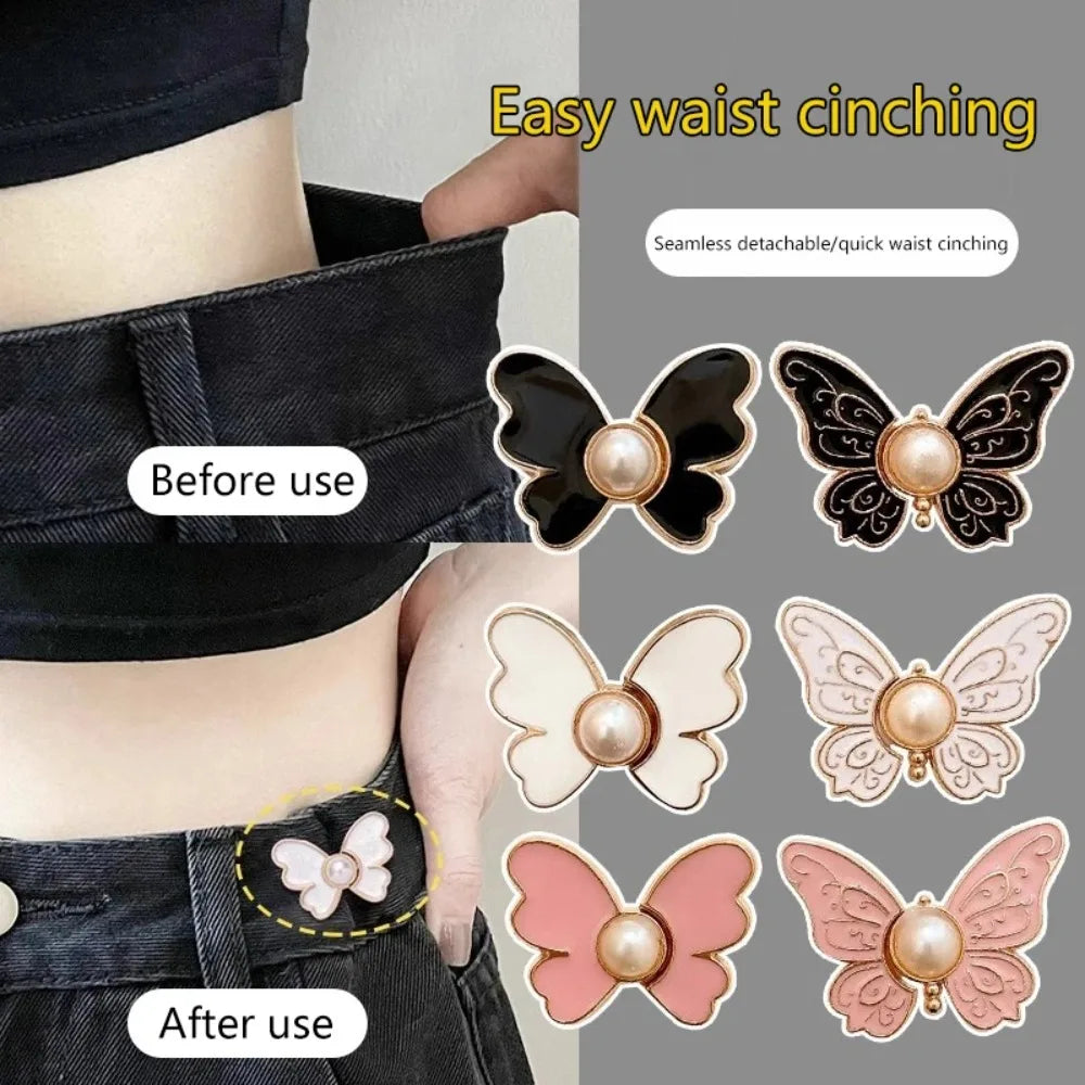 Demonstration of easy waist cinching using seamless detachable butterfly clips on black fabric.