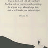 A beige canvas features a scripture verse about trusting in the Lord and having straight paths, set against a silhouette of a