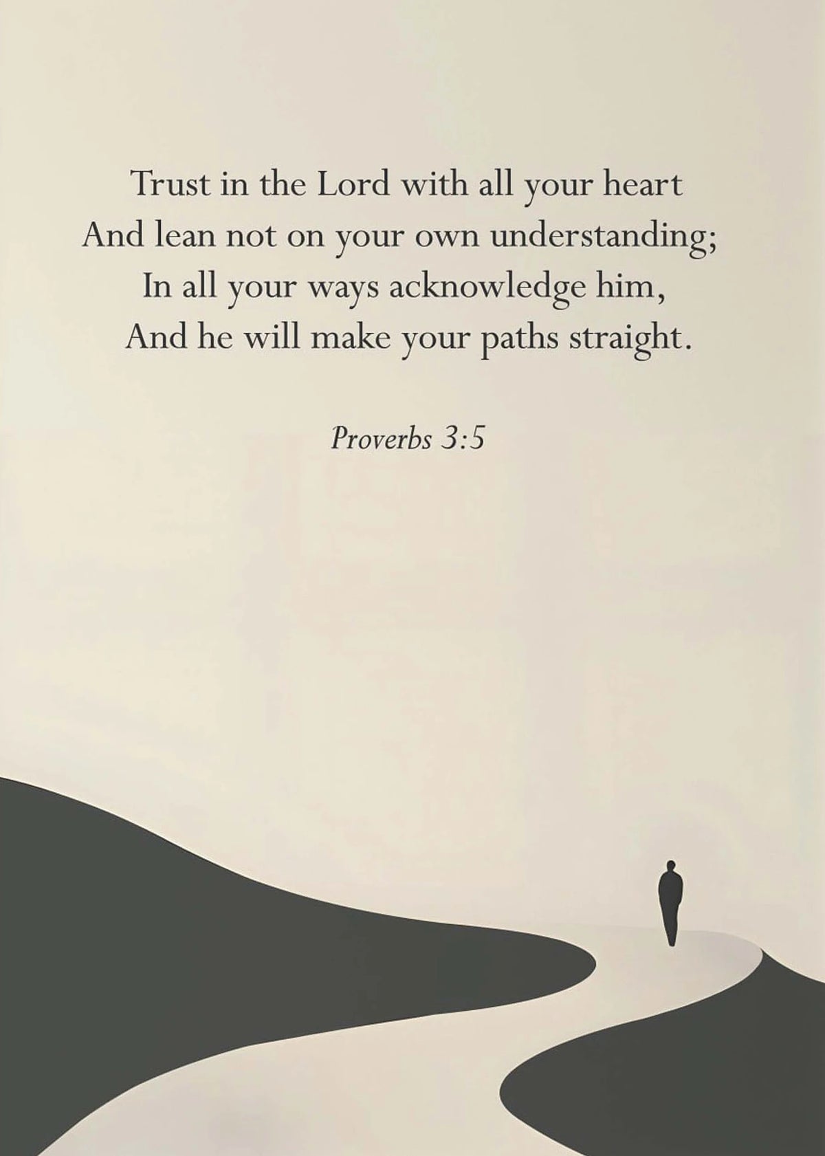 A beige canvas features a scripture verse about trusting in the Lord and having straight paths, set against a silhouette of a