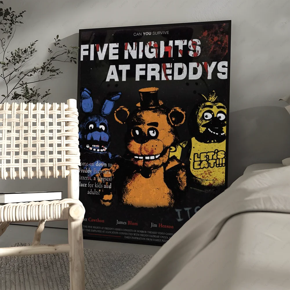 A poster featuring a dark, stylized illustration of Freddy Fazbear and other characters for Five Nights at Freddy's wall art.