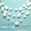 A string of iridescent seashell garland with small white shells draped across a light blue background.