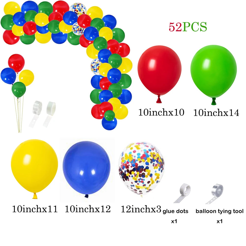 A set of 52 balloons, including various colors and sizes, for creating a balloon garland arch.
