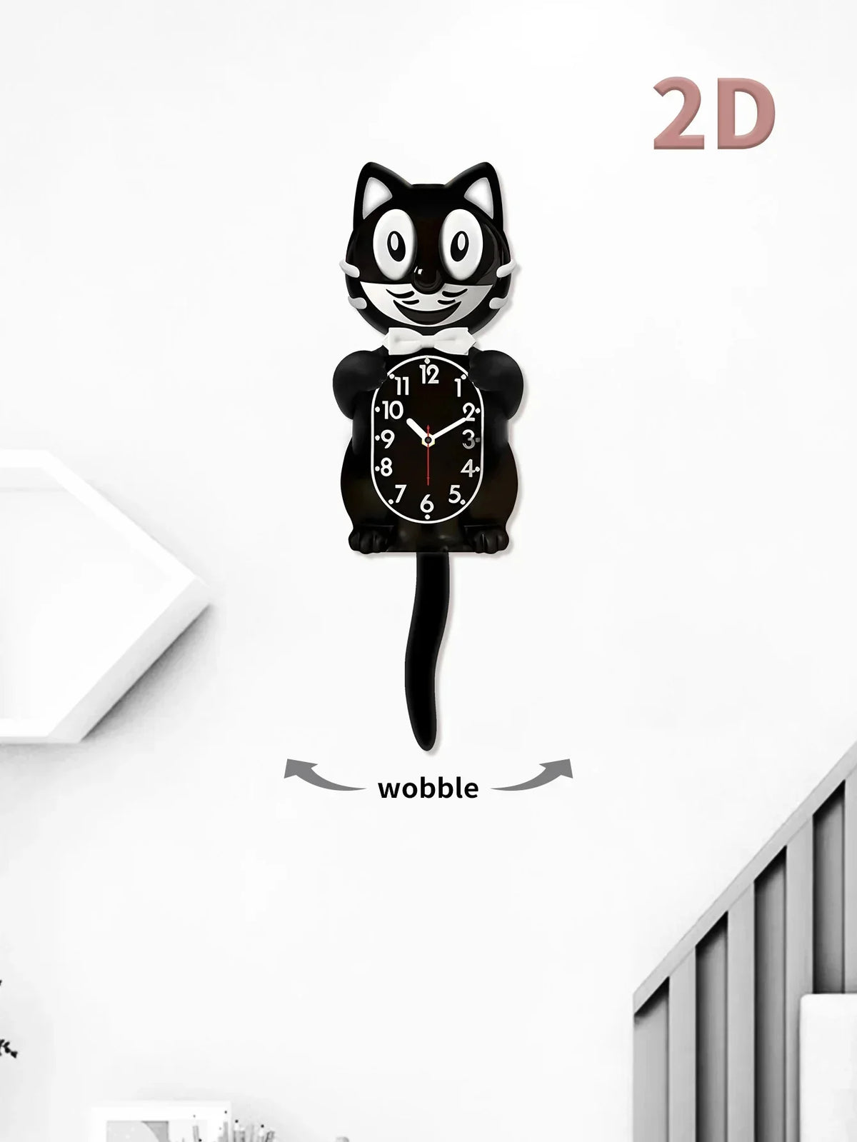 A black cartoon cat wall clock with a swinging tail, showing the time.