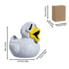 A white resin figurine of a duck with an open mouth and yellow beak, used for spooky decor.