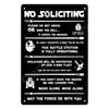 A black metal wall sign with white text that reads NO SOLICITING and other humorous warnings.