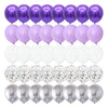 A pack of 40 matte latex balloons in silver, white, and purple colors.