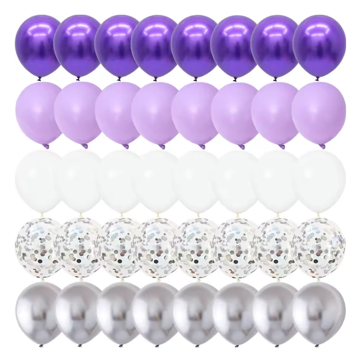 A pack of 40 matte latex balloons in silver, white, and purple colors.