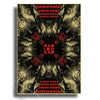 Retro music album art poster featuring multiple close-up portraits of Radiohead members in black and gold tones
