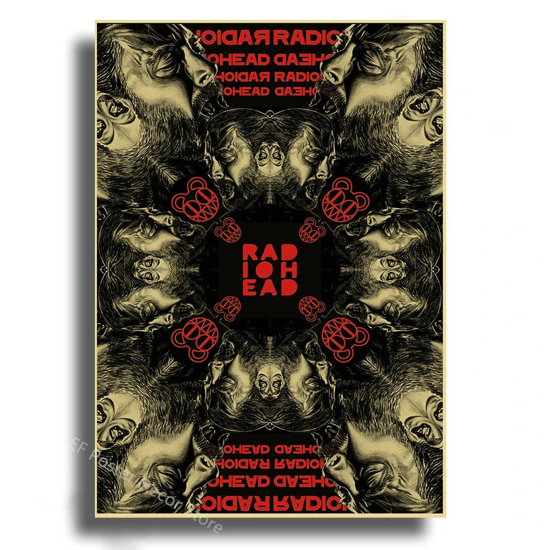 Retro music album art poster featuring multiple close-up portraits of Radiohead members in black and gold tones